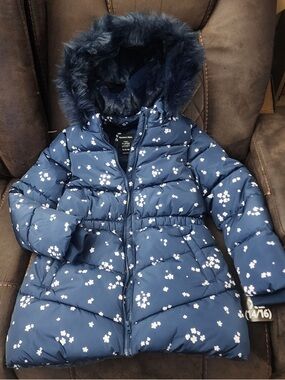 Girls' Navy Floral Puffer Coat with Faux-Fur Hood